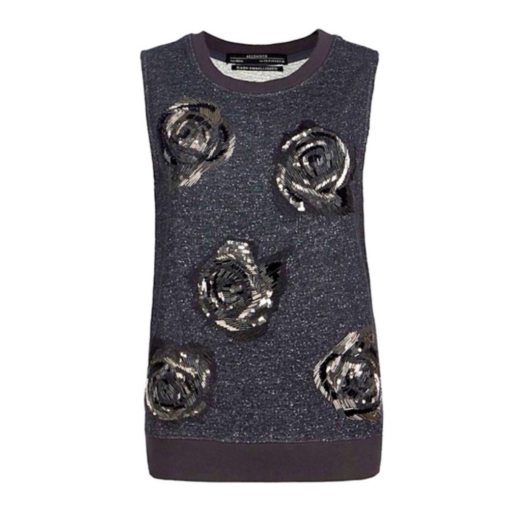 All Saints Hand Embellished Floral Sequin Beaded Top Black Size 4